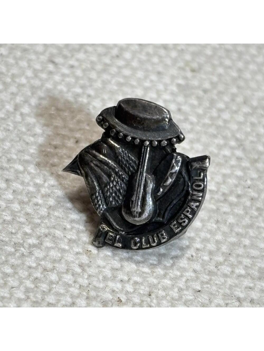 Vintage El Club Espanol Sterling Silver Pin Spanish Guitar Hat Language Club
